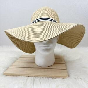 J Crew Floppy Wide Brim 5" Beach Paper Straw Hat‎ Striped Blue & White Band